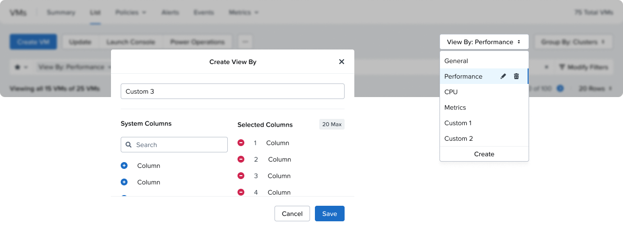 View By dropdown and column configuration interface
